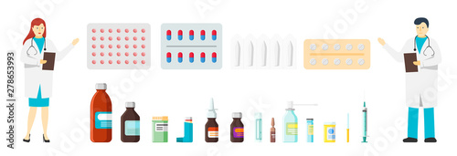 Medical pill prescription bottle pharmacy tablet drug store set. Medicine capsules sprays and male female doctor persons. Health medication flat vector illustration