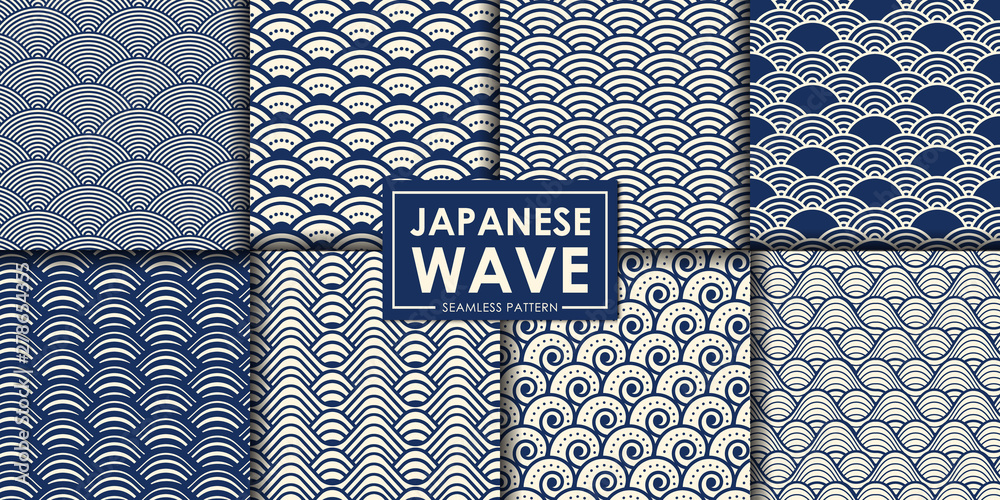 Naklejka Japanese wave seamless pattern collection, Abstract background, Decorative wallpaper.