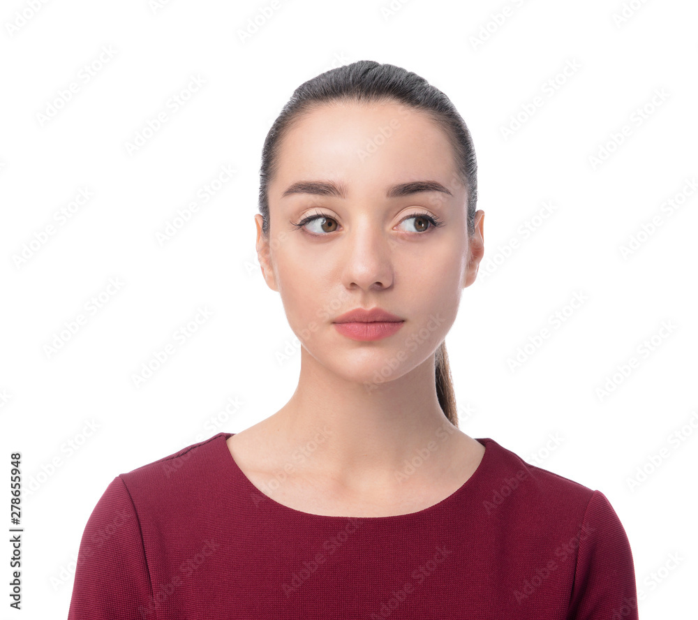 Beautiful young woman on white background