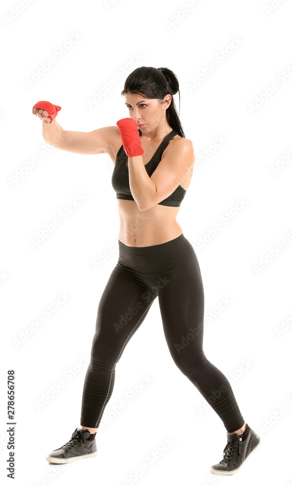 Sporty female boxer on white background Sporty female boxer on white background