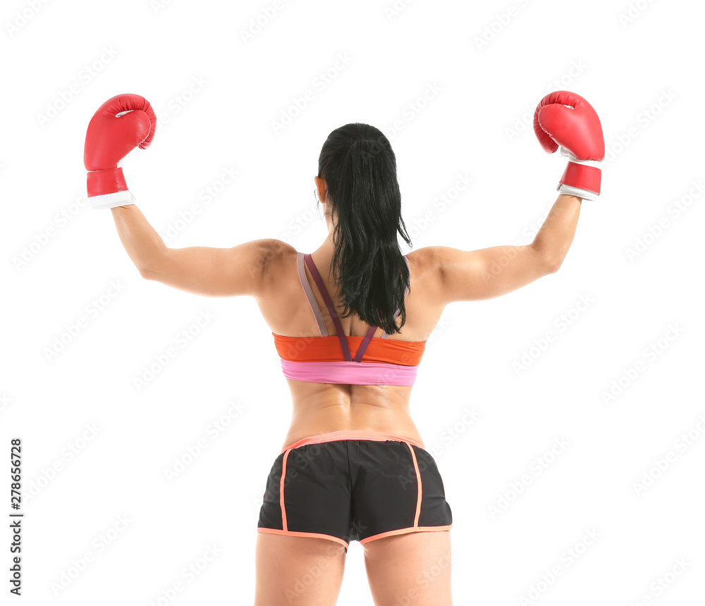 Sporty female boxer on white background Sporty female boxer on white background