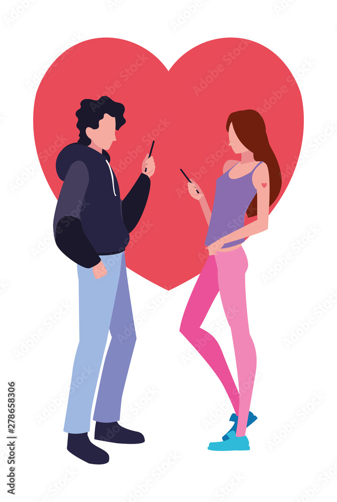 man and woman characters using smartphone man and woman characters using smartphone