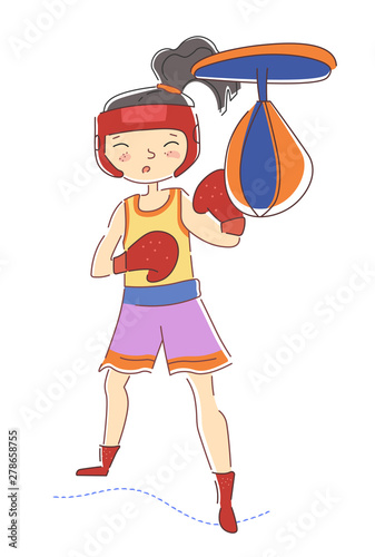 Determined young girl boxer wearing colorful red boxing gloves working out in a gym punching the pummel bag isolated on white