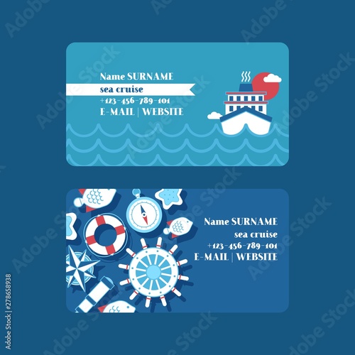 Sea cruise adventure set of business cards vector illustration. Nautical collection of things such as ship wheel, spyglass, compass, lifeline. Marine equipment on blue background.