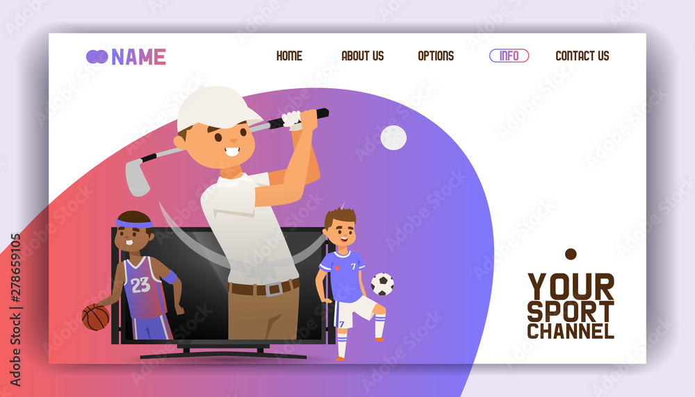 Sport channel banner website design vector illustration. Playing golf with equipment such as club and ball, football and basketball players standing in TV screen. Contact information.