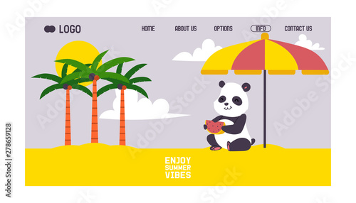 Panda lsitting on beach under sun umbrella banner web design vector illustration. Cute little bear having rest on vacation. Enjoy summer vibes. Palm trees, sunset and sand. photo