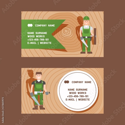 Woodworking carpentry services composition set of business cards with cutting grinding and polishing work vector illustration. Workers with equipment and supplies for trees.