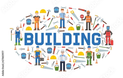 Building service tools banner vector illustration. Home repair. Construction equipment. Hand supplies for house renovation and rebuilding. Hammer  saw  putty knife. Workers.