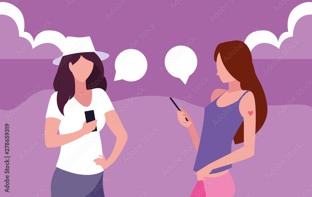 two women using smartphone talking two women using smartphone talking