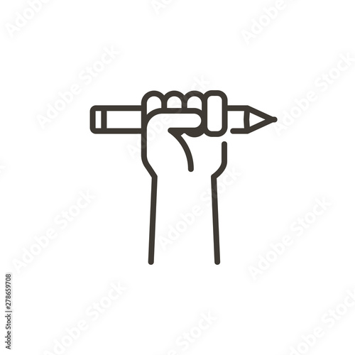 Hand grabbing a pencil representing education, research, creativity, hardwork and knowledge. Vector modern thin line icon illustration