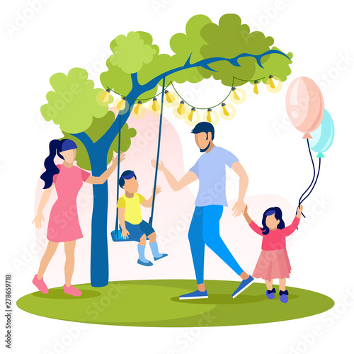 Happy Cartoon Family Recreation in Park Flat Card