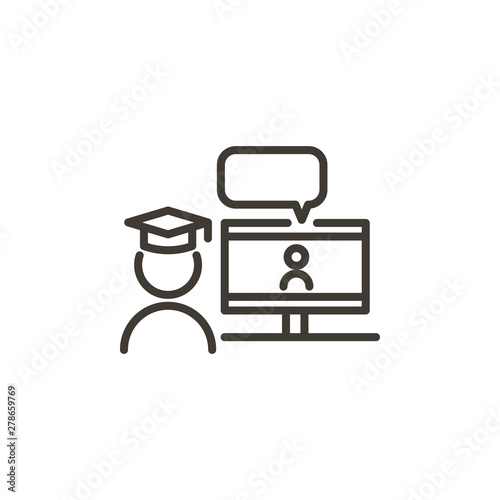 Student with academic cap learning online in a online call or webinar with a teacher or advisor. Modern vector trendy outline icon illustration for online education, learning, lectures or courses 