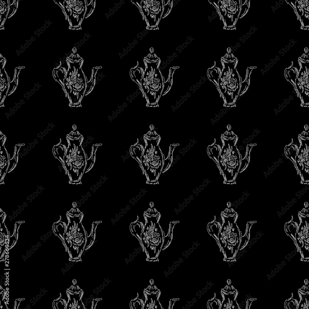 Seamless retro hand drawn teapots, great design for any purposes. Seamless pattern. Teapot hand drawn a pattern in Chinese style on black background. Retro typography. Kettle icon. Isolated vector Seamless retro hand drawn teapots, great design for any purposes. Seamless pattern. Teapot hand drawn a pattern in Chinese style on black background. Retro typography. Kettle icon. Isolated vector