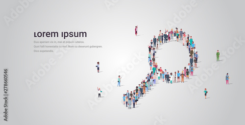 people crowd gathering in magnifying zoom shape social media community analyzing research concept different occupation employees group standing together full length horizontal copy space