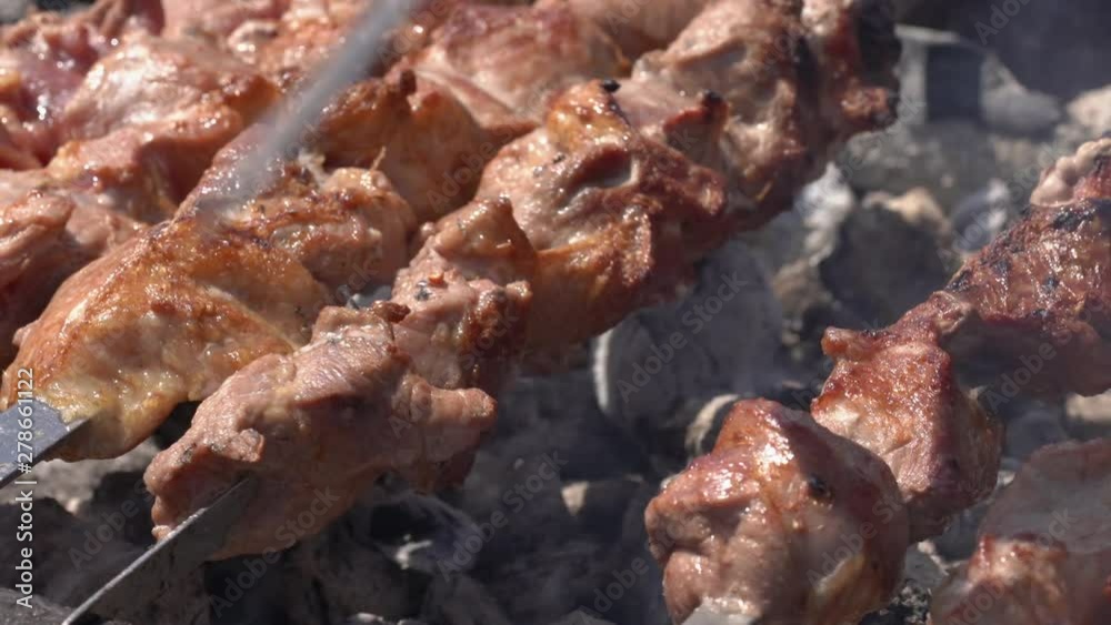 Appetizing juicy pork barbecue cooking on metal skewers on outdoors charcoal grill with fragrant fire smoke. Cooking during summer picnic. Close-up, selective focus on pieces of delicious roast meat. Appetizing juicy pork barbecue cooking on metal skewers on outdoors charcoal grill with fragrant fire smoke. Cooking during summer picnic. Close-up, selective focus on pieces of delicious roast meat.