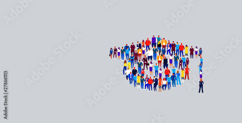 businesspeople crowd gathering in shape of graduation cap icon social media community university education concept business people group standing together full length horizontal