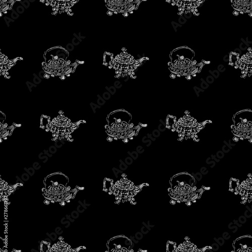 Seamless retro hand drawn teapots, great design for any purposes. Seamless pattern. Teapot hand drawn a pattern in Chinese style on black background. Retro typography. Kettle icon. Isolated vector