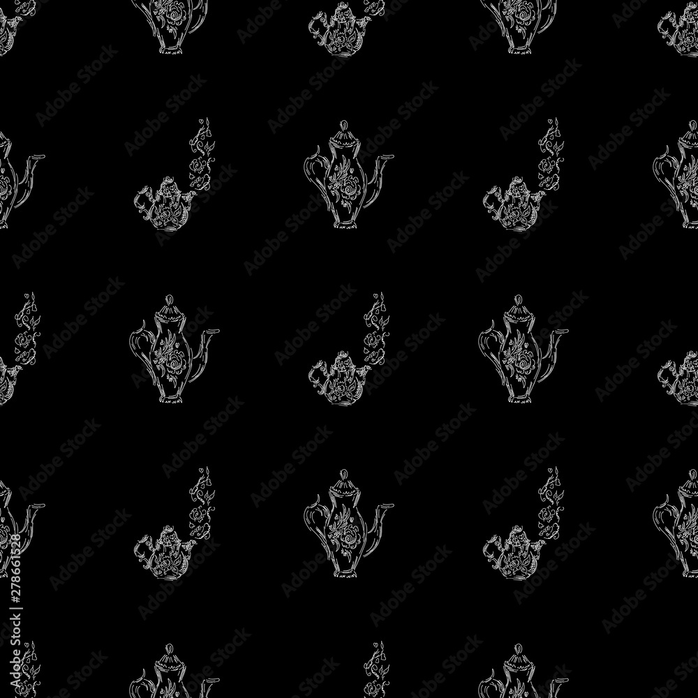 Seamless retro hand drawn teapots, great design for any purposes. Seamless pattern. Teapot hand drawn a pattern in Chinese style on black background. Retro typography. Kettle icon. Isolated vector Seamless retro hand drawn teapots, great design for any purposes. Seamless pattern. Teapot hand drawn a pattern in Chinese style on black background. Retro typography. Kettle icon. Isolated vector
