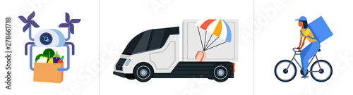 set drone cargo van and courier on bike different express delivery service concepts collection flat horizontal banner vector illustration