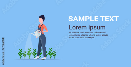 female farmer holding watering can gardener in uniform watering plants agricultural planting harvesting gardening eco farming concept flat full length horizontal copy space