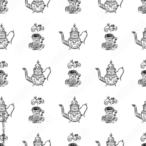 Seamless pattern of teapots and teacups isolated on white background. Chinese seamless pattern of teapots and teacups collection for textile design. Vector outline illustration