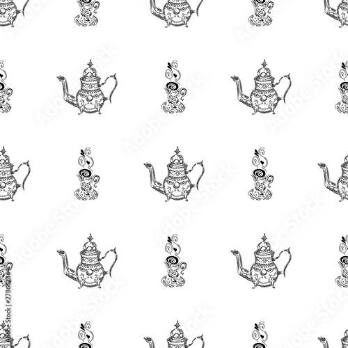 Seamless pattern of teapots and teacups isolated on white background. Chinese seamless pattern of teapots and teacups collection for textile design. Vector outline illustration