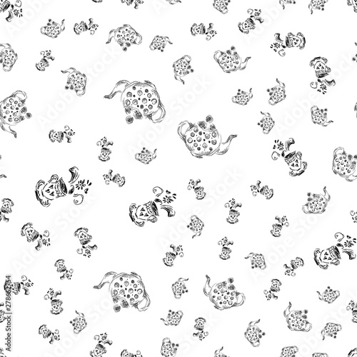Fototapeta Naklejka Na Ścianę i Meble -  Seamless pattern of teapots and teacups isolated on white background. Chinese seamless pattern of teapots and teacups collection for textile design. Vector outline illustration