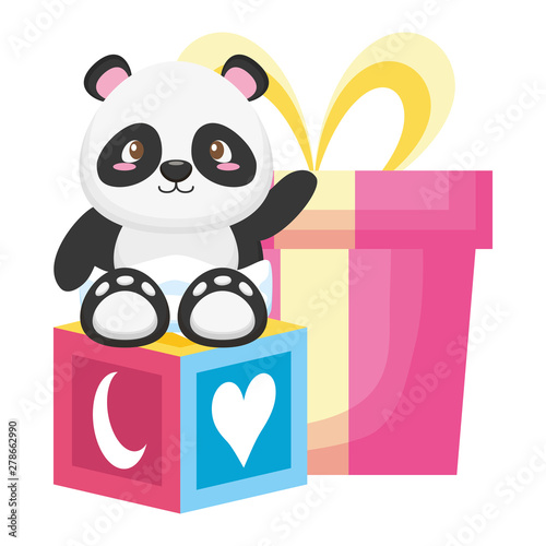 cute little bear panda with block and gift