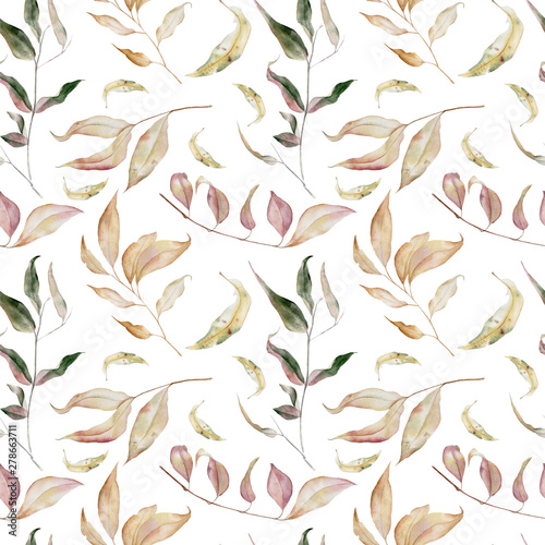 Handpainted watercolor seamless pattern with autumn leaves