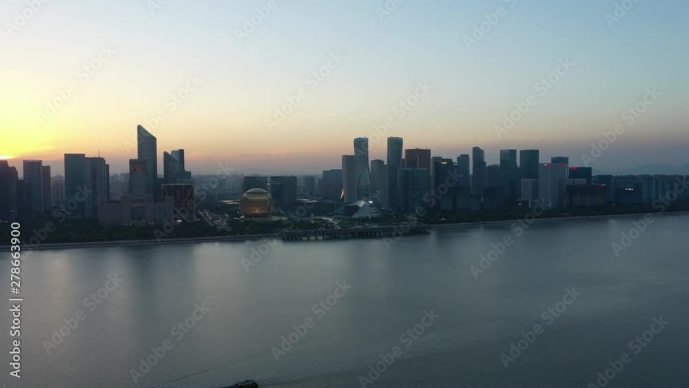 aerial view of hangzhou city skyline at sunset in china aerial view of hangzhou city skyline at sunset in china