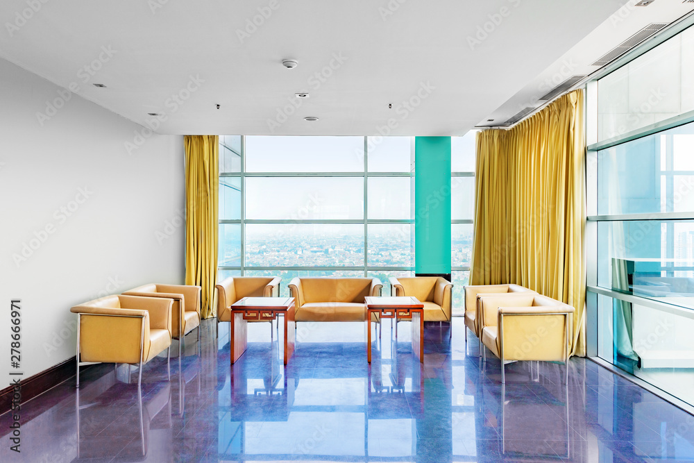 Interior room with table and couch with windows glass