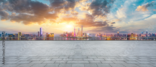 Photography Empty square floor and modern city skyline in Shanghai at sunset,high angle view