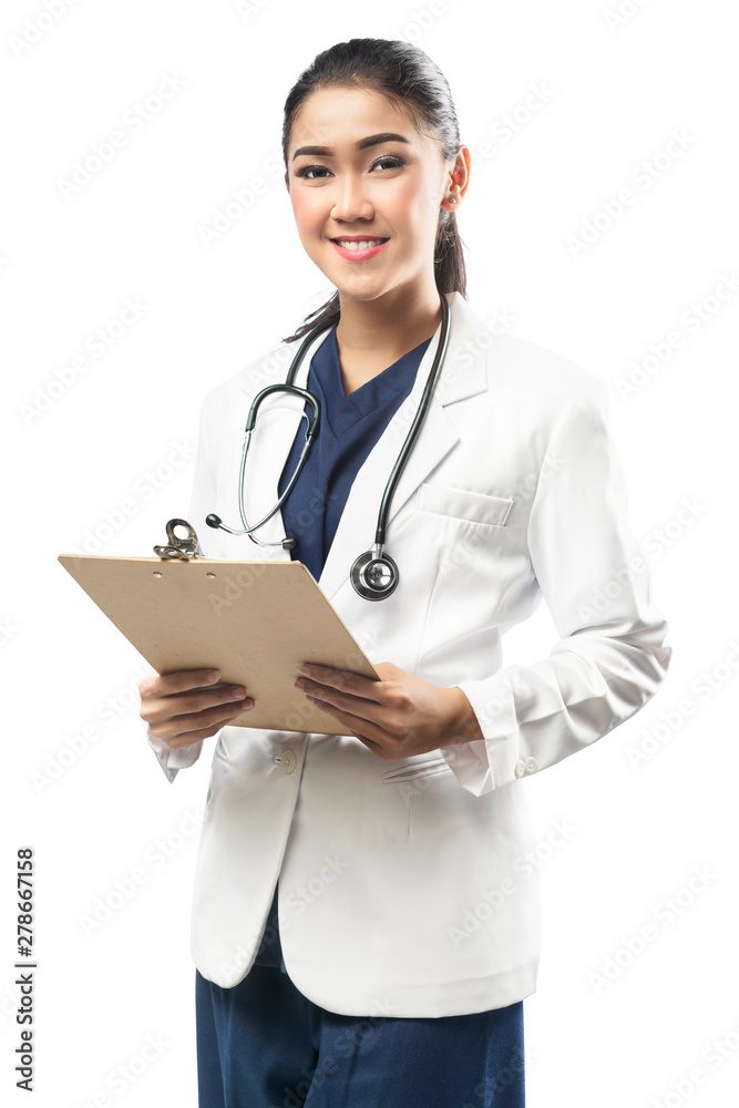Asian woman doctor in white lab coat and stethoscope holding clipboard Asian woman doctor in white lab coat and stethoscope holding clipboard