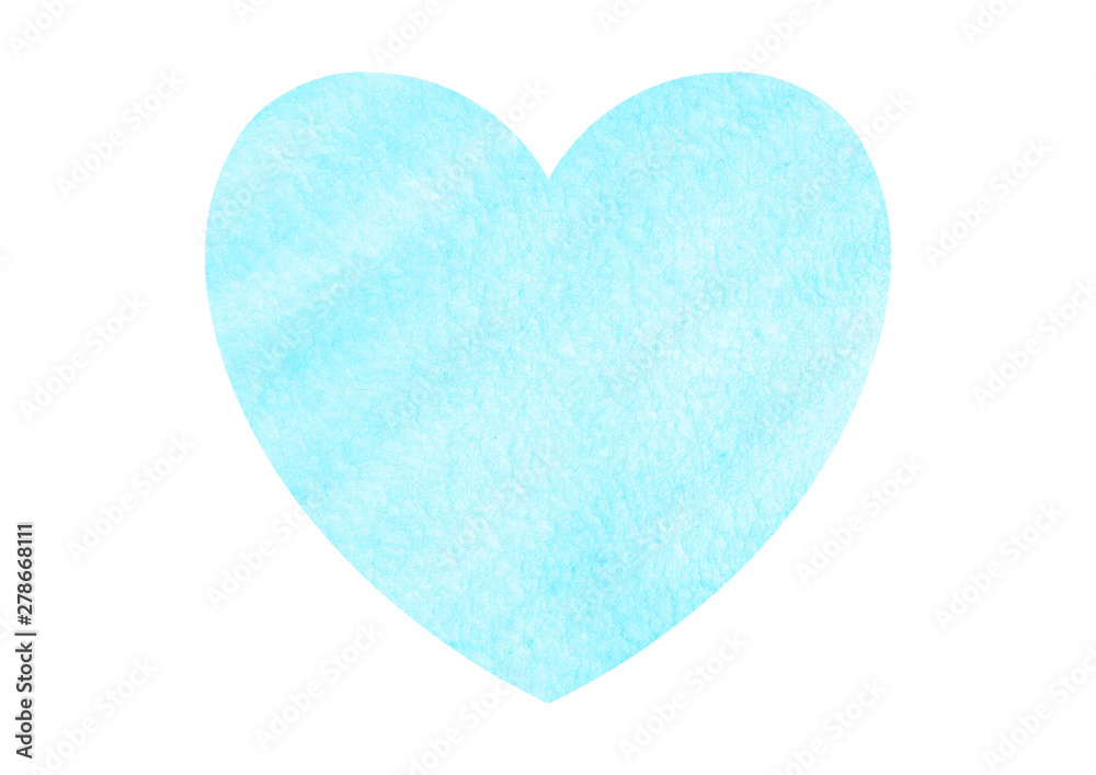 Big blue watercolor heart isolated on white background. Valentines day hand drawn background with space for text. Heart shape watercolour template. Design element.