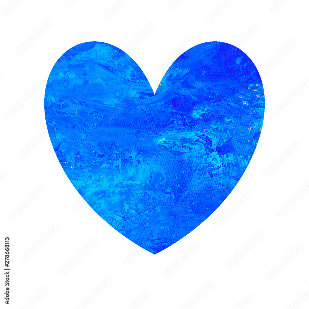 Big blue watercolor heart isolated on white background. Valentines day hand drawn background with space for text. Heart shape watercolour template. Design element.
