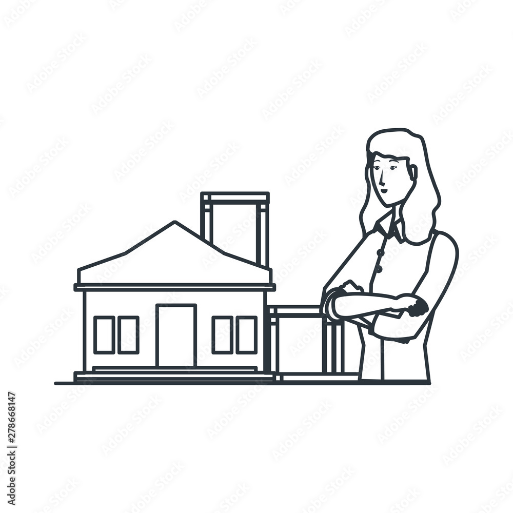beautiful young woman with house building