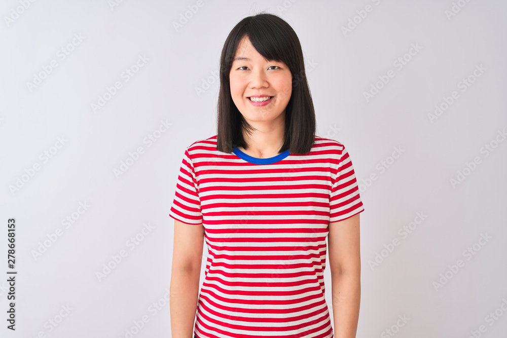 Young beautiful chinese woman wearing red striped t-shirt over isolated white background with a happy and cool smile on face. Lucky person. Young beautiful chinese woman wearing red striped t-shirt over isolated white background with a happy and cool smile on face. Lucky person.