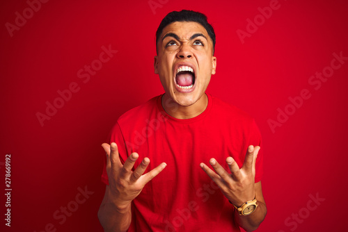 Young brazilian man wearing t-shirt standing over isolated red background crazy and mad shouting and yelling with aggressive expression and arms raised. Frustration concept.