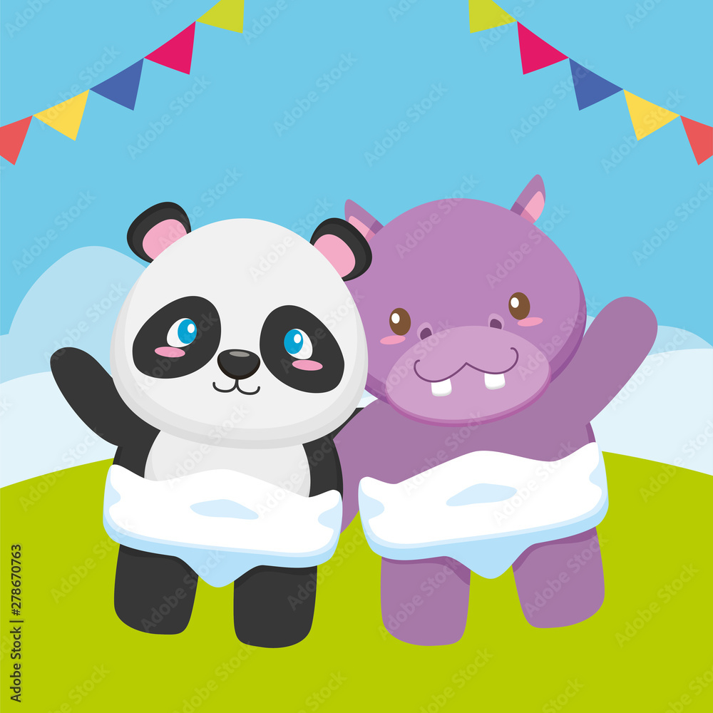 cute little bear panda and hippo on the field cute little bear panda and hippo on the field