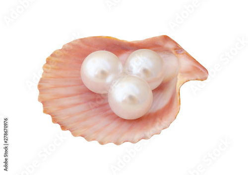 White pearls in scallop seashell isolated