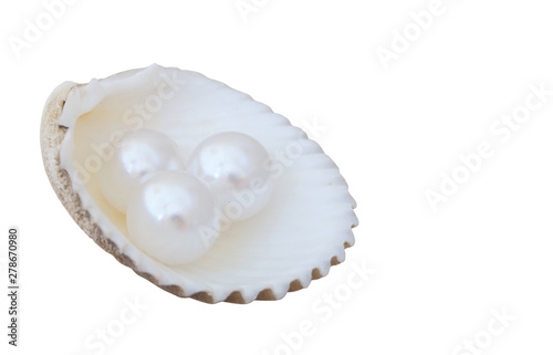 Three pearls in white seashell isolated on white