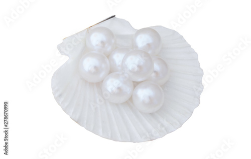 Many pearls in white seashell isolated