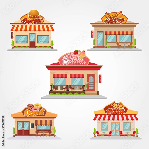Cafe shop and restaurant building vector flat design illustration