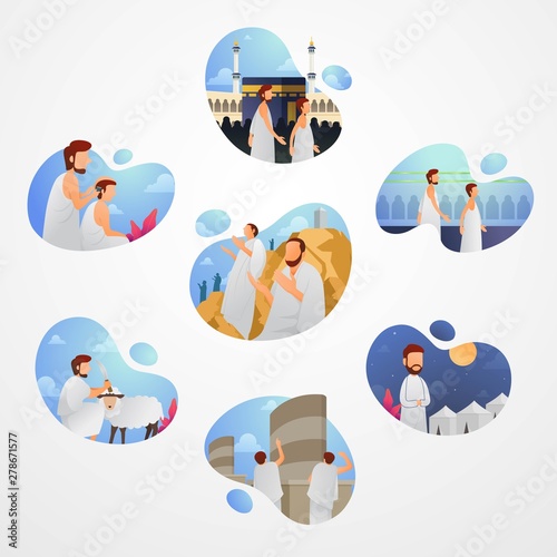 Hajj and umrah guide step by step vector illustration