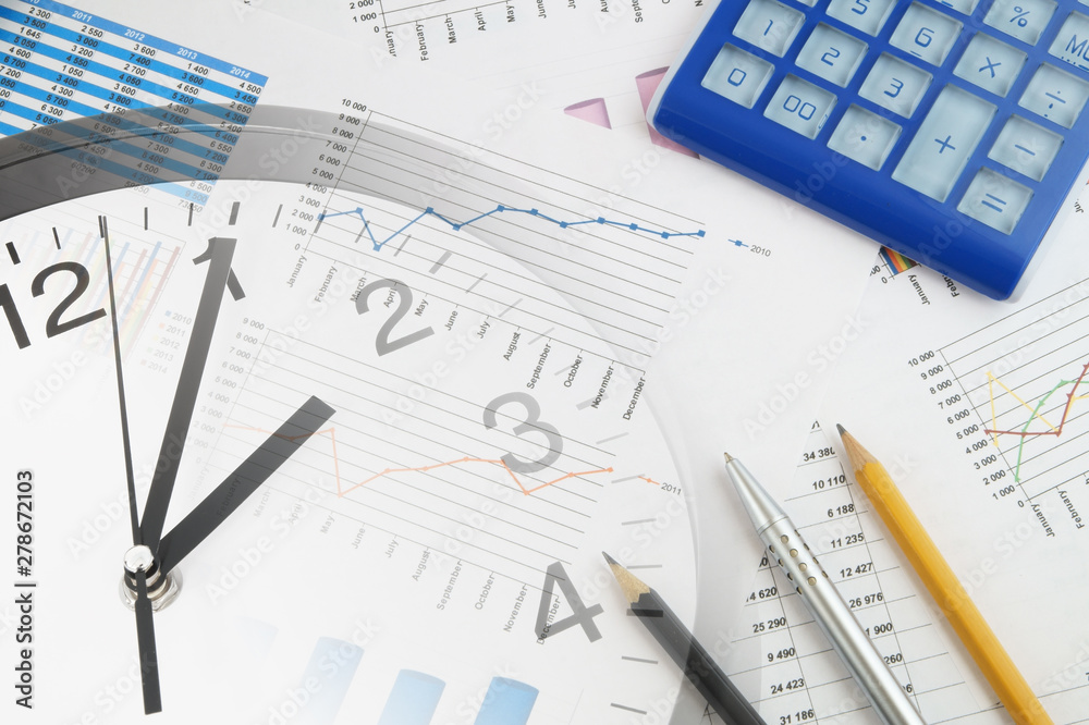 Business time concept, calculator on financial charts and graphs, collage with clock Business time concept, calculator on financial charts and graphs, collage with clock