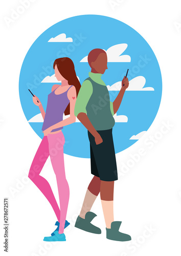 man and woman using smartphone