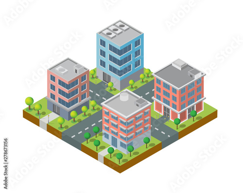 Isometric Building vector. Two building on Yard with road and trees.building 3d , smart city,Vector office and town apartment concept. © Teerayut
