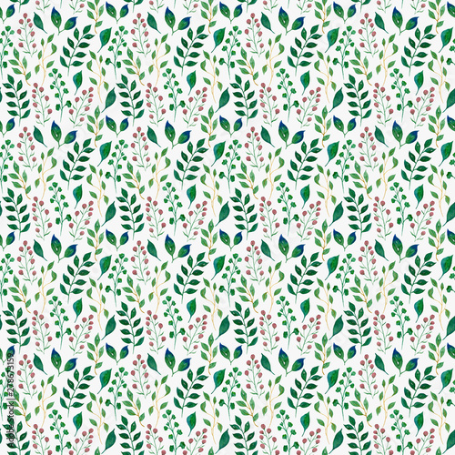 Watercolor seamless pattern of plants and branches.