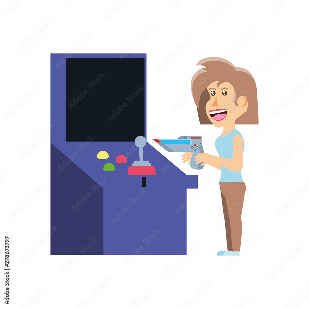 girl playing in retro console video game machine girl playing in retro console video game machine
