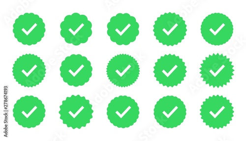 Vector badge of warranty, approval, accept, quality. Flat check mark sticker. Profile Verification sign. Flat star shaped sticker.